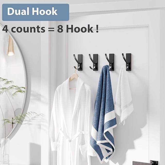 Self Adhesive Towel Hooks: Extra Strong 13LB, Stainless Hook for Hanging Loofah, Towels, Coat, Bath Robe Bathroom Shower, Black, 4 Pack