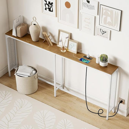 Giantex 71" Narrow Console Table with 2 Power Outlets and USB-C Ports, Sofa Tables with Charging Station & Metal Frame, Skinny Behind Couch Tables, Long Entryway Tables for Living Room, Natural+White