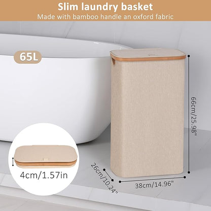 65L Slim Laundry Hamper, Narrow Laundry Basket with Lid,Foldable Clothes Hamper with Bamboo Handles,Hamper Basket with Removable Inner Bag for Laundry Room Bedroom College Dorm,Oatmeal