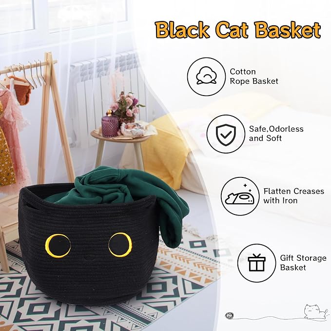 Cute Black Cat Round Basket - Cotton Rope Baskets Large Baby Laundry Blasket for Nursery, Woven Blanket Basket Hamper With Handle Toy Storage Basket for Gifts, Baby Shower 14 ×12 inchs 30.5L