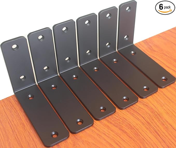 6 Pack - L 5" x H 4" x W1.5, 5mm Thick Black L Shelf Bracket, Iron Shelf Brackets, Metal Shelf Brackets, Floating Shelf, Shelf Supports with Screws