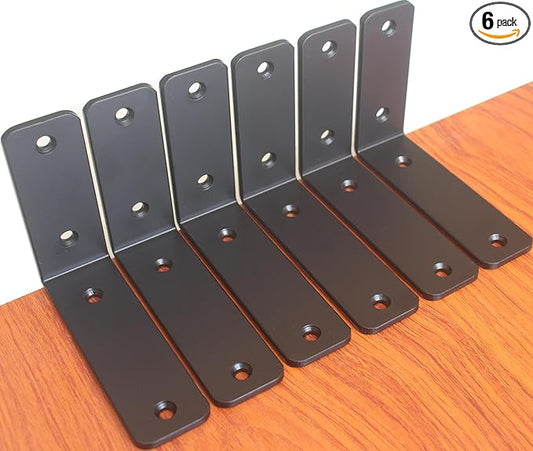 6 Pack - L 5" x H 4" x W1.5, 5mm Thick Black L Shelf Bracket, Iron Shelf Brackets, Metal Shelf Brackets, Floating Shelf, Shelf Supports with Screws