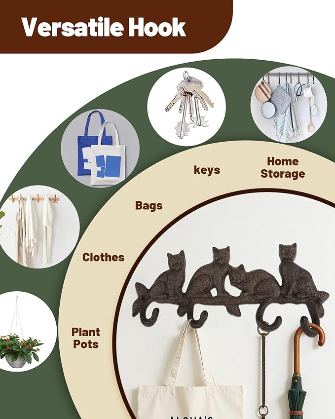 Cat Tail Wall Hooks for Hanging - Cast Iron Vintage Wall Decor Coat Rack - Vintage Rustic Design Hat Hook for Kitchen, Entryway - Handmade Heavy Duty Key Hooks