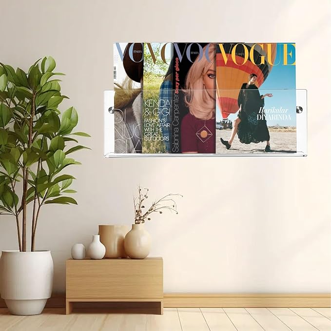 2-Pack Acrylic Magazine Holder, 24" Record Holder Magazine Rack, Fashion Hanging Bookshelf Literature Storage Rack for Waiting Room, Living Room, Office (Clear, 24 Inch)