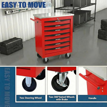 7-Drawer Rolling Tool Chest with Stainless Steel Countertop,Tool Chest with Secure Locking System,Mobile Storage Tool Cabinet with 360°Wheels and Padded Feet,for Home,Garage (Red)