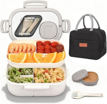 All-in-one Bento Lunch Box Set for Adults & Kids with Insulated Bag, Leakproof 3-Compartment and 2-Tier Stackable Container with Portable Sauce Pod, Microwave/Dishwasher Safe, BPA-Free (White)