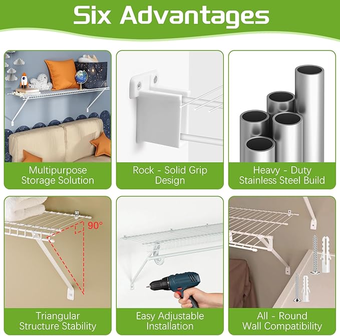 12 Inch Heavy Duty Shelf Brackets, Wire Shelf Brackets Set Include 3 Support Brackets, 2 Wire Shelf End Brackets, 6 Wall Clips, with Screws, Wire Shelving Accessories for Garage, RV, Kitchen, Closet