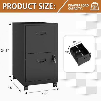 2 Drawer File Cabinet on Wheels, Mobile Two Drawer Filing Cabinet with Lock, Small Rolling Files Cabinets for Under Desk, Metal Filing Cabinets for Letter Size Folders - Assembly Required