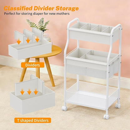 Diaper Caddy Organizer 3-Tier Rolling Cart, Metal Utility Cart with 4+2 Dividers & Lockable Silent Casters, Mobile Storage Cart for Nursery Essentials, Multi-Purpose for Kidsroom Changing Table