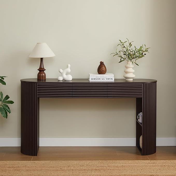 Retro Console Table with Storage, Rounded Console Table with 3 Drawers and 1 Table-Leg Niche, Round Slat Aesthetic for Entryway, Living Room, Hallway (Espresso-X306)