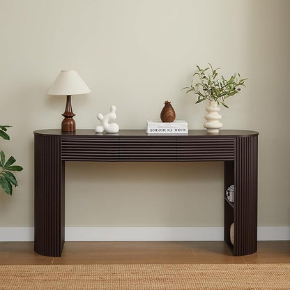 Retro Console Table with Storage, Rounded Console Table with 3 Drawers and 1 Table-Leg Niche, Round Slat Aesthetic for Entryway, Living Room, Hallway (Espresso-X306)