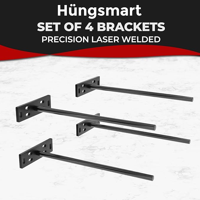 Set of 4 Floating Shelf Brackets Heavy Duty (1/4 inch Thick Baseplate) Painted Black Mild Steel/ Bracket for Hidden Wall Shelves Support Hardware Mount Kitchen/Nursery Decor (12 inch Rods)