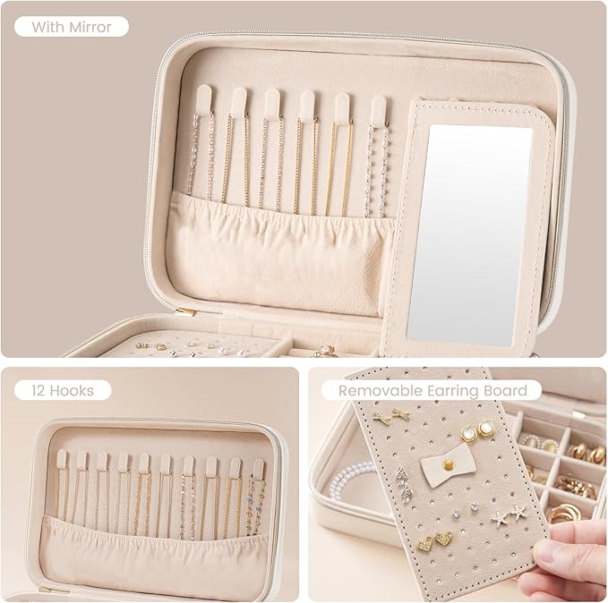 Lolalet Travel Jewelry Case for Women Girls, Travel Jewelry Organizer Box with Mirror & Clear Storage Bag, Small Portable Earring Necklace Bracelet Ring Case, Birthday Valentine Gifts -Medium, White