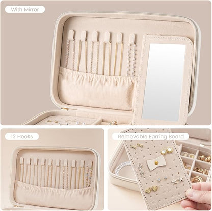 Lolalet Travel Jewelry Case for Women Girls, Travel Jewelry Organizer Box with Mirror & Clear Storage Bag, Small Portable Earring Necklace Bracelet Ring Case, Birthday Valentine Gifts -Medium, White