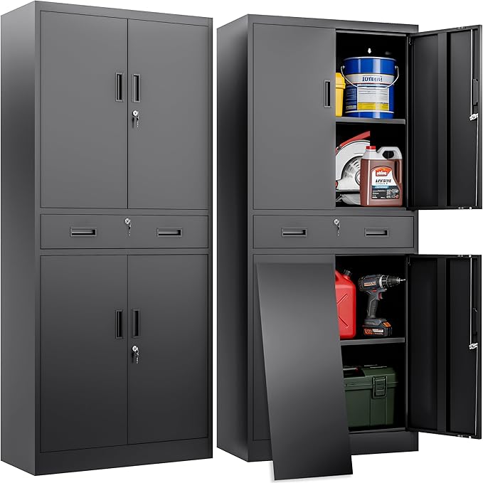 BESFUR Metal Garage Storage Cabinet with a Drawer Locking Doors and 2 Adjustable Shelves, Black Tall Storage Cabinets, Tool File Lockable Cabinet for Garage Office Warehouse Shop(71”H)