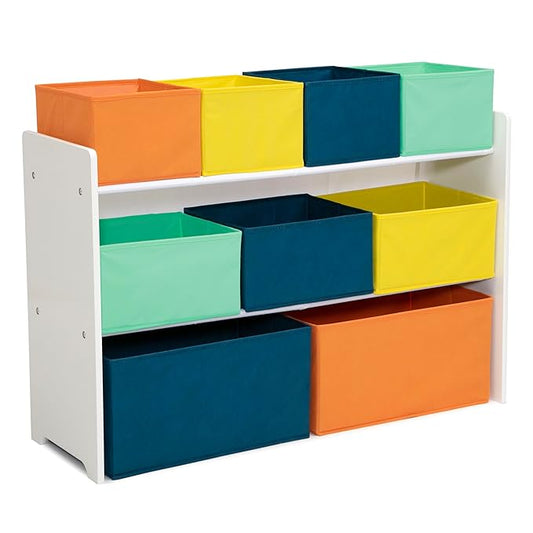 Delta Children Deluxe Multi-Bin Toy Organizer with Storage Bins - Greenguard Gold Certified, White with Navy/Green/Pastel Bins