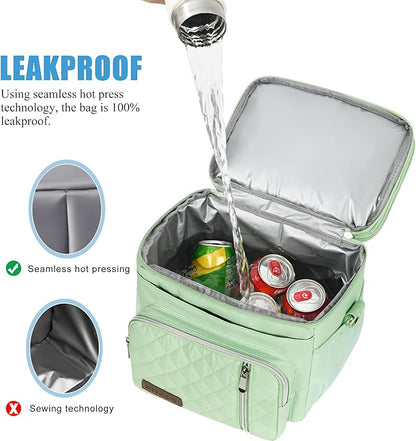 MIYCOO Lunch Bag & Lunch Box for Women Men, Double Deck Leakproof Insulated Soft Large Adult Camping Cooler bag for Work, Beach, Picnic, Travel (Green Quilted, 15L)