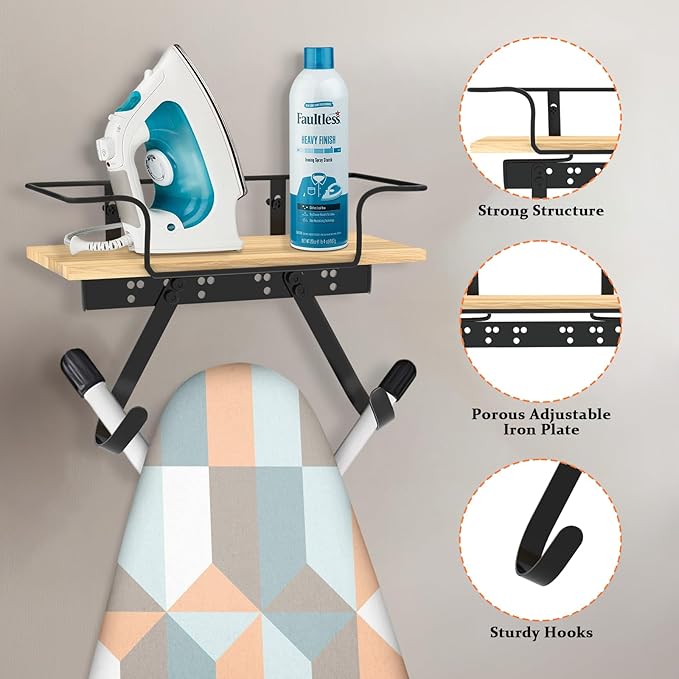 SMZCTYI Iron Board Holder, Wall Mount with Adjustable Hooks for Y & T-Leg Iron, Base Basket for Laundry Room, Bedroom