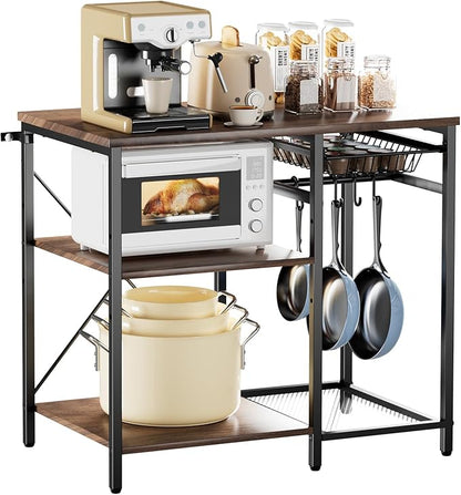 VEVOR Bakers Rack, 35.4 inch Width Microwave Stand,Kitchen Stand with X-Shaped Support Bar & 5 S-Shaped Hooks,Kitchen Storage Shelf for Dish Storage, Spice Jars, Coffee Bar Organization