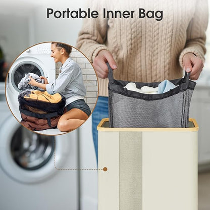 Laundry Basket Clothes Hamper with Lid and Pocket Large Collapsible Laundry Baskets with Handle, Freestanding Hampers for Bedroom Aesthetic, Dorm, Bathroom, Laundry Room (80L, Beige)