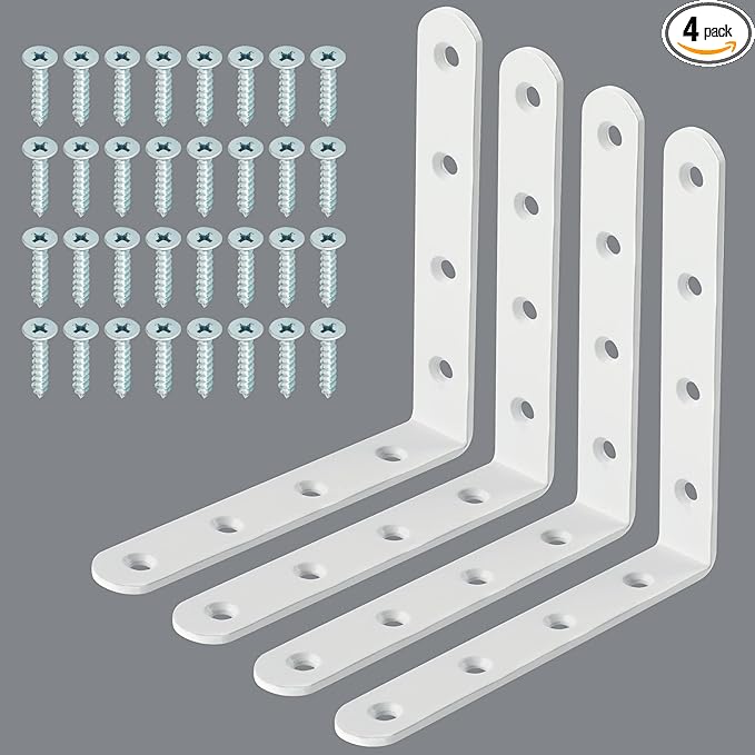 Alise 4 PCS L Brackets Heavy Duty Corner Bracket, 5 X5 Inch White Floating Shelf Brackets for Shelves, Stainless Steel L Shape Wall Mounting Brackets, Metal L Joint Angle Bracket for Wood Shelving