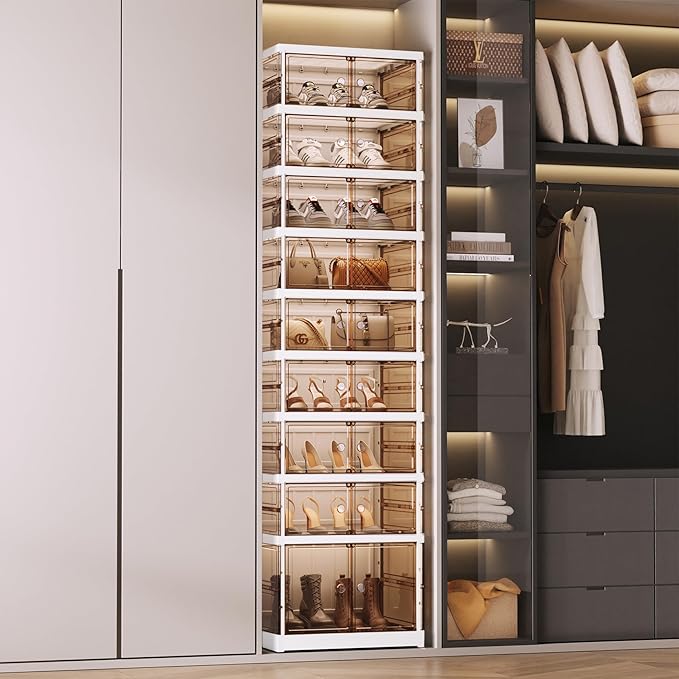Foldable Collapsible Shoe Box Organizer Rack – 9 Tier Stackable Clear Sneaker Storage Boxes with Lids, Folding Shoe Cabinet Shelf, Plastic Portable Storage Bins with Easy Assembly for Closet Entryway