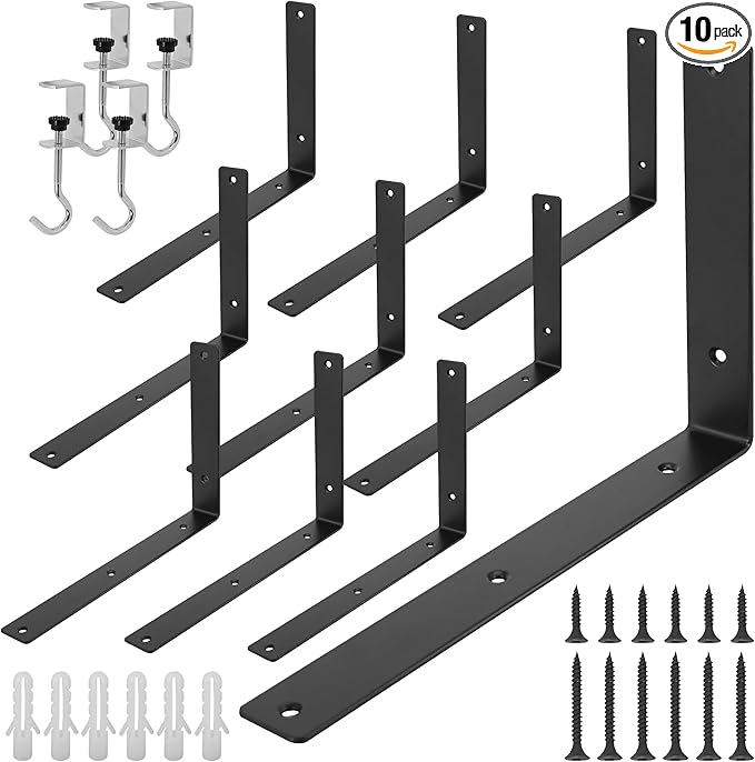 L Floating Shelf Brackets,10 Pack Heavy Duty L Brackets for Shelves, L 12" X H 8" Black Metal Countertop Support Brackets,Wall Mounting for Wood