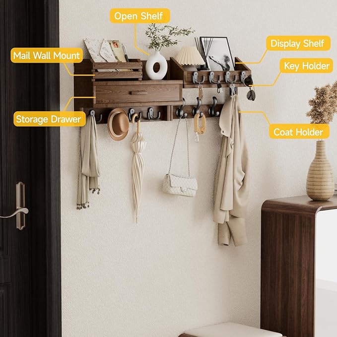 Wall Mounted Coat Rack with Shelf & Drawer, Heavy Duty Solid Wood Entryway Organizer, 29’’ Coat Rack Wall Mount with 12 Metal Hooks, Key & Mail Holder for Living Room, Bedroom