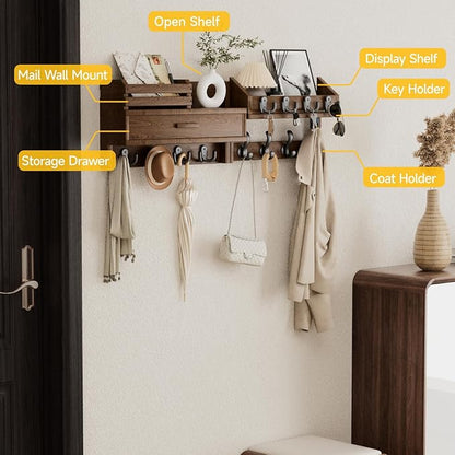 Wall Mounted Coat Rack with Shelf & Drawer, Heavy Duty Solid Wood Entryway Organizer, 29’’ Coat Rack Wall Mount with 12 Metal Hooks, Key & Mail Holder for Living Room, Bedroom