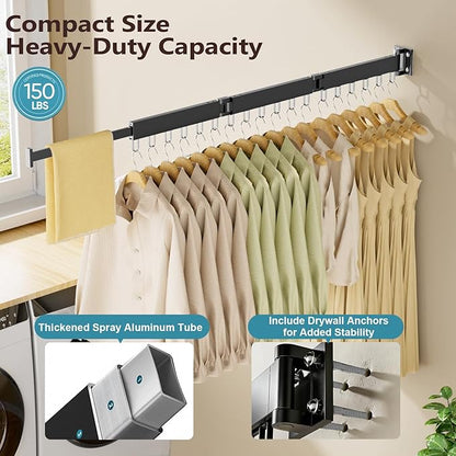 JAUREE Clothes Drying Rack Wall Mounted, Space-Saving Drying Rack Clothing, Collapsible Foldable Retractable Laundry Rack with 18 Hooks, Indoor/Outdoor, Black