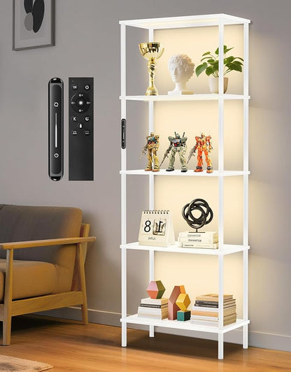 5 Tier Bookshelf with LED Light, Dimmable Bookcase with Touch & Remote Control, 3 Color Temperatures, Tall Modern Display Standing Shelf for Living Room, Bedroom, Home Office (White)