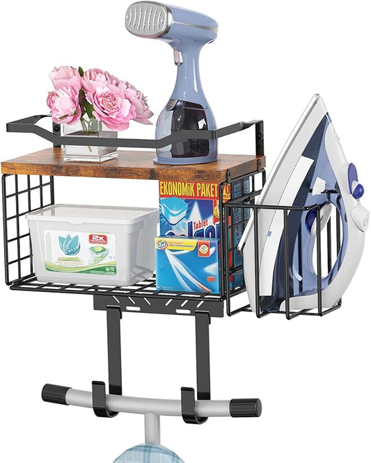 Ironing Board Hanger Wall Mount, 2-Layer T&Y Iron Board Holder with Ironing Caddy, Metal Ironing Board Holder Storage Organizer, Floating Wood Shelf for Laundry Room Decor Accessories Organization