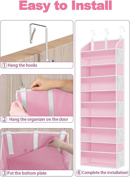 Pink Over the Door Organizer - 5-Tier Hanging Storage with Clear PVC Windows & 10 Mesh Pockets, Cute Closet Organizer for Makeup, Perfume, Toys, Perfect Pink Room Decor for Girl