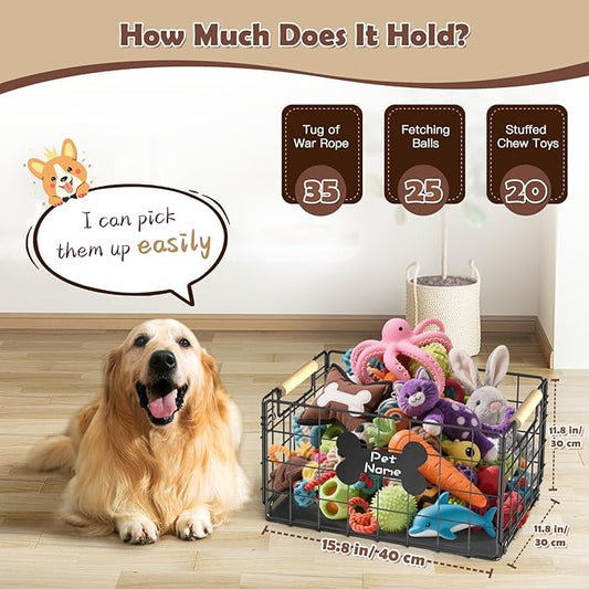 Dog Toy Basket, Chew-Proof Metal Dog Toy Bin with Handles, Pet Stuff Storage Organizer Box for Dogs with Marker Pen, Portable & Foldable Puppy Toys Basket for Living Room, 15.8''×11.8''×11.8''