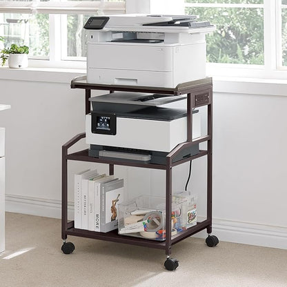 Lauren&Harold 34'' Printer Stand with Power Outlets & USB Ports, 3-Tier Adjustable Rolling Cart, Heavy Duty 150LBS Storage Table with Wheels for Office, Kitchen, Living Room, Bronze