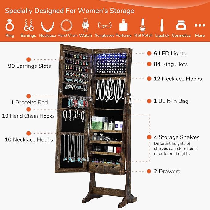GISSAR Jewelry Organizer Full Length Mirror Jewelry Cabinet Standing/Wall Mounted Jewelry Armoire Storage with Lights Lockable, Vintage Brown