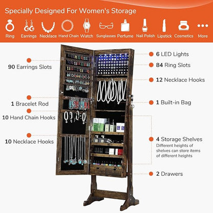 GISSAR Jewelry Organizer Full Length Mirror Jewelry Cabinet Standing/Wall Mounted Jewelry Armoire Storage with Lights Lockable, Vintage Brown