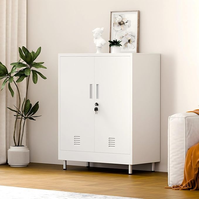 Metal Storage Cabinet with Locking Doors and 2 Adjustable Shelves, Lockable Storage Cabinet for Home Office Garage Pantry Living Room (White)