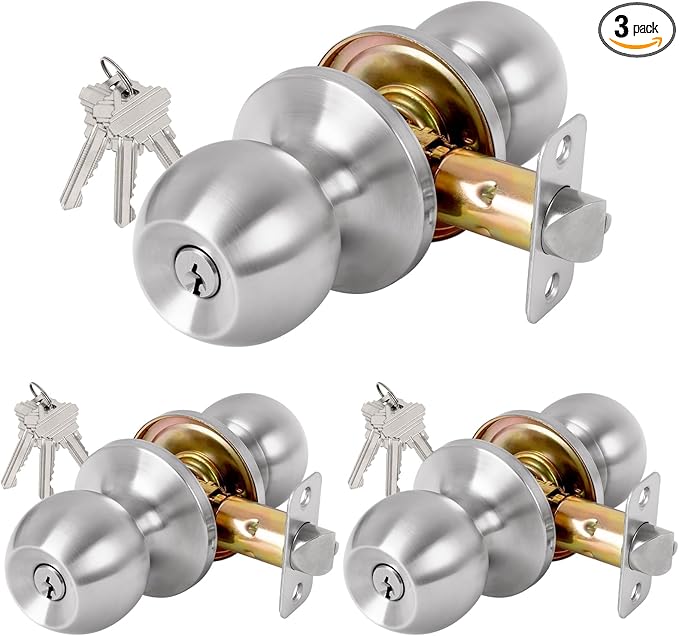 Keyed Entry Door Knob with Lock and Key, Exterior and Interior Door Knob for Bedroom or Bathroom, Satin Nickel, Not Keyed Alike, 3 Pack
