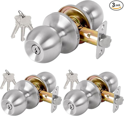 Keyed Entry Door Knob with Lock and Key, Exterior and Interior Door Knob for Bedroom or Bathroom, Satin Nickel, Not Keyed Alike, 3 Pack