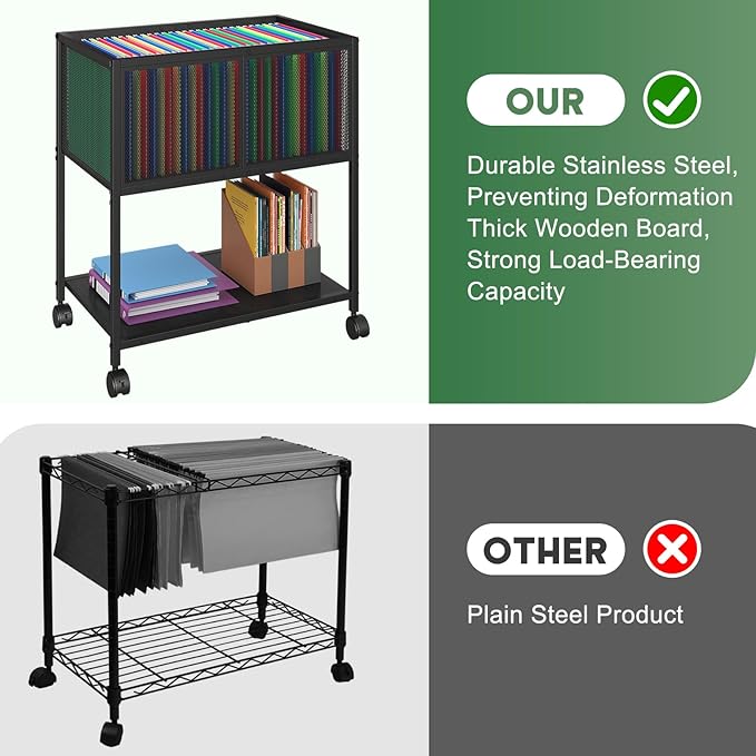 Rolling File Cart, Mobile File Cabinet with Wheels Hanging Files, Metal Hanging File Folder Cart File Organizer Fit Letter Size for Home Office, Black