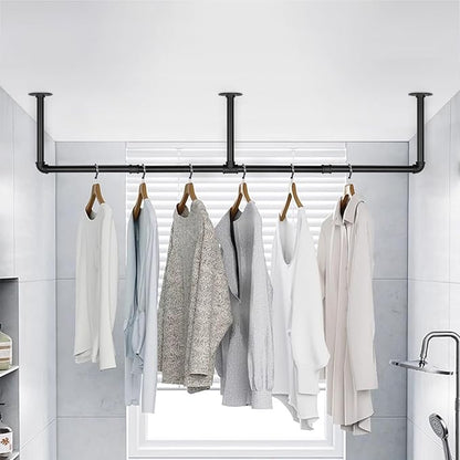 Industrial Iron Pipe Clothes Hanging Bar DIY Wall-Mounted Garment Rack Heavy Duty Clothing Rack for Bedroom, Laundry Room, Closet Storage (Black 60 inch)