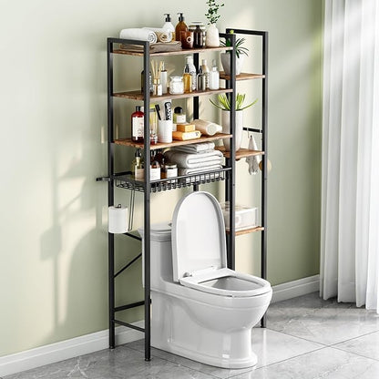8-Tier Over The Toilet Storage with Side Rack, Over Toilet Storage Rack with Adjustable Shelf & Drain Basket, Freestanding Bathroom Organizer for Balcony, Laundry (Vintage Brown)