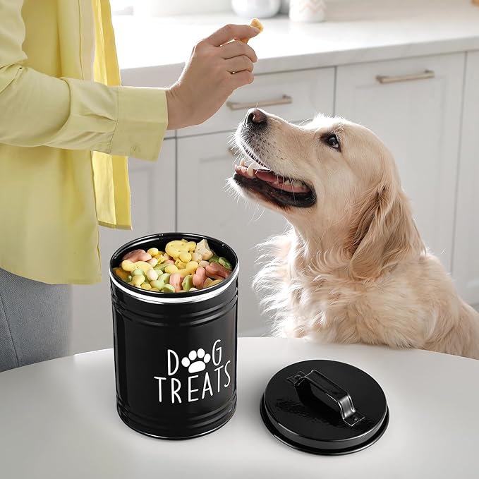 Extra Large Dog Treat Container Airtight - 9" Tall X 6" Round Black Dog Treat Jar for Kitchen Counter - Rustic Treat Storage Canister for Dogs, Cats, Small Animals