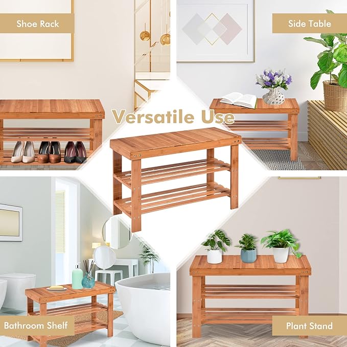 COSTWAY Bamboo Shoe Rack Bench 3-Tier Free Standing Wood Shoe Storage Organizer Shelf Holder Home Entryway Hallway Furniture Eco-Friendly (Natural)