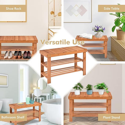COSTWAY Bamboo Shoe Rack Bench 3-Tier Free Standing Wood Shoe Storage Organizer Shelf Holder Home Entryway Hallway Furniture Eco-Friendly (Natural)