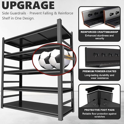 48" W Garage Shelving Heavy Duty Metal Shelves 5 Tier Adjustable Shelf Unit 3000 lbs Capacity Storage Stand Organizer for Warehouse and Basement,Black,78" H