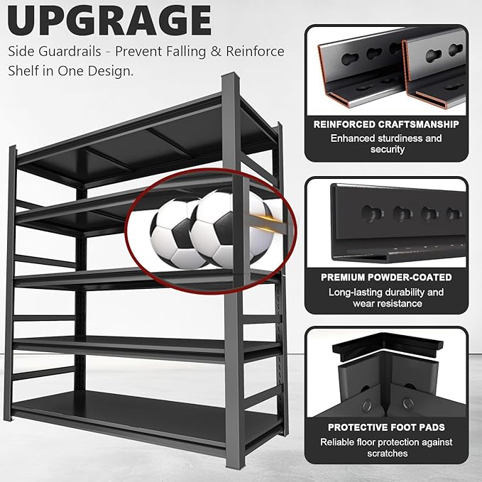 Garage Shelving Black 5-Tier Heavy Duty Shelves 2800Lbs, Adjustable Metal for Warehouse Basement(72”H×47.25”W×23.6”D)