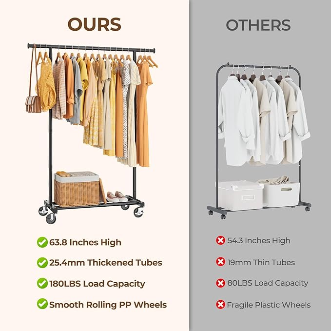 Clothes Rack, Clothing Rack for Hanging Clothes, Rolling Garment Rack Sturdy Coat Rack Portable Wardrobe Rack Metal Closet Rack for Bedroom Laundry Living Room, Black