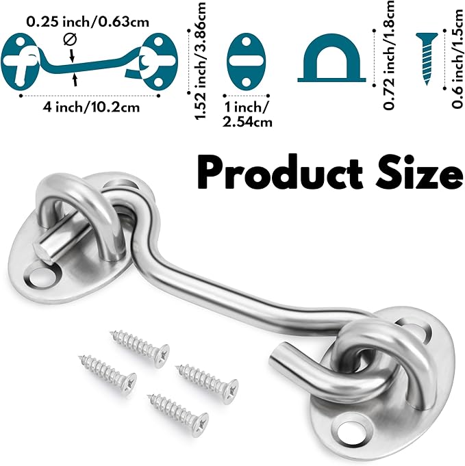 Rainspire (2 Pack) Privacy Hook and Eye Latch for Barn Door, Stainless Steel Gate Latch Barn Door Lock Cabin Hooks for Gate Shutters Window Slide Barn Shed Cabinet Bathroom (Silver, 4 Inch)